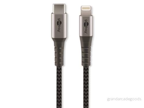 Goobay 49271 Lightning till USB C snabbladdningskabel/MFi Apple laddningskabel, 480 Mbits iPhone kabel, extremt robust textilkabel/laddningskabel iPad/grå/1 m 4040849492716