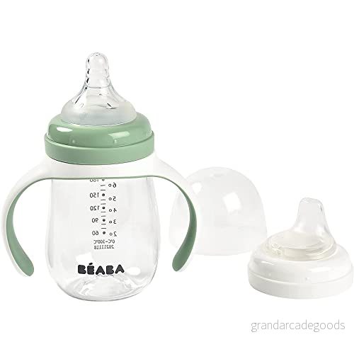 Béaba Beaba Drickkopp 2 i 1 dryckesmugg för barn babyflaska barnkopp med sugrör 100% tät Lätt att öppna Avtagbara handtag tritan och silikon 210 ml salviagrön 3384349135317