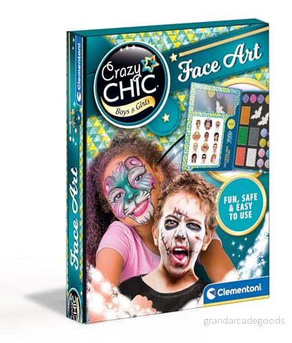Clementoni 18605 Crazy Chic Face Art, giftfri ansikts och kroppsfärg, tvättbar glitterbarnsmink, karneval, konstnärlig makeup, cosplay, halloween kreativ fritid 6 år 8005125186051