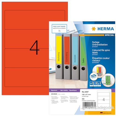 HERMA 4297 mappetiketter A4 kort/bred (192 x 61 mm, 100 ark, papper, matt) självhäftande, utskrivbara, permanenta mappa ryggetiketter, 400 filetiketter, röd 4008705042970