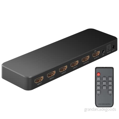 goobay 58479 HDMI Matrix Switch 4 till 2/Matrix Splitter 4k @ 60Hz/Med fjärrkontroll för Blu Ray spelare, Xbox, PS5 och TV/4 IN 2 utströmbrytare,Schwarz 4040849584794