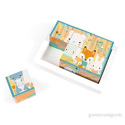 Janod Tray Of 6 Solid Wood Cubes for Baby Pure Collection Early Years and Toy Teaches Fine Motor Skills Water Based Paint Age 1 Up, J05158 3700217351588