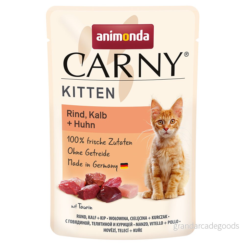 animonda Carny Kitten nötkött, kalv+kyckling (12 x 85 g), kattunge våtmat för växande kattungar, kattmat utan spannmål och socker, kattvåtfoder med 100% färska ingredienser 4017721830768