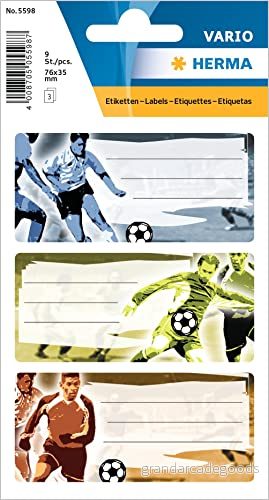 Herma 5598 boketiketter"fotboll" självhäftande häftetiketter med motiv för skolan barn, flickor och pojkar, 9 skoletiketter 4008705055987