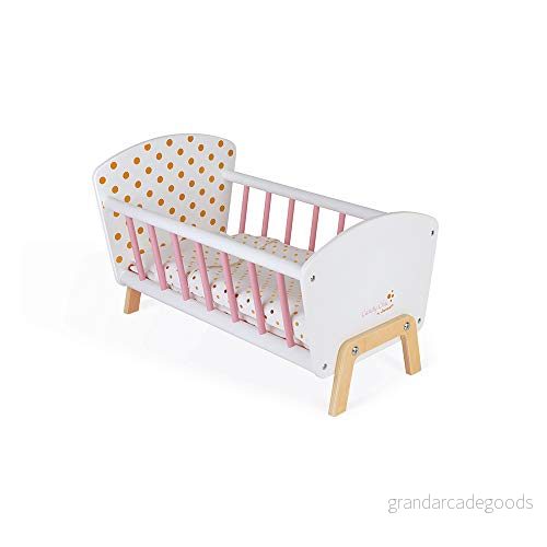 Janod Candy Chic Bed Wooden Baby Doll’S with Mattress + Blanket Pillow Soft Shiny Colours Accessories for Babies from 3 Years Old, J05889 3700217358891