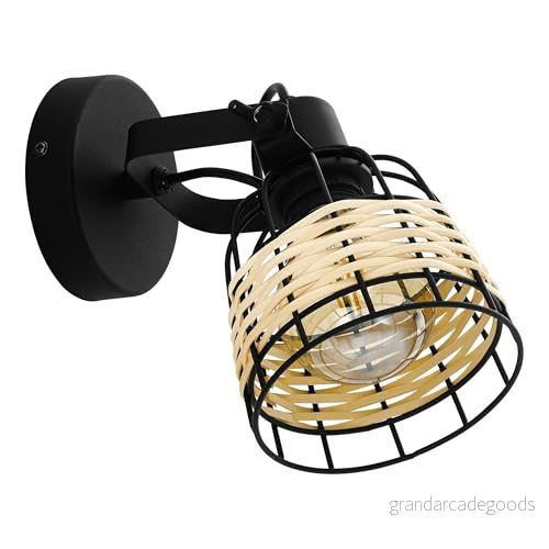 Eglo taklampa Anwick 1, 1 glödlampa vintage, boho, takstrålkastare av stål och rotting, vardagsrum i svart, natur, kök, spot med E27 sockel 9002759433246