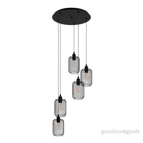 Eglo Pendellampa Wrington, hängande lampa med 5 ljuskällor, vintage, industriell, retro, taklampa av stål, matbord, vardagsrum, i svart, E27 fattning, Ø 54 cm 9002759433345