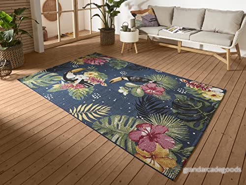 Hanse Home tropisk dröm inomhus och utomhatta platt väv djungel blommig palmträddesign, Oeko Tex väderbeständig & UV beständig för balkong, uteplats, trädgård, blå flerfärgad, 160 x 235 4262377774090