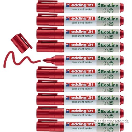 edding 21 Ecoline permanent marker röd låda med 10 rund spets 1,53 mm vattenfast, snabbtorkande, fläckfria pennor för kartong, plast, glas, trä, metall och tyg går att fylla på 4004764917822