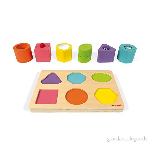 Janod I Wood Sensory 6 Block Wooden Puzzle Educational Toys Learning Shapes and Colours Water Based Paint Fsc Certified from 1 Year Old, J05332 3700217353322