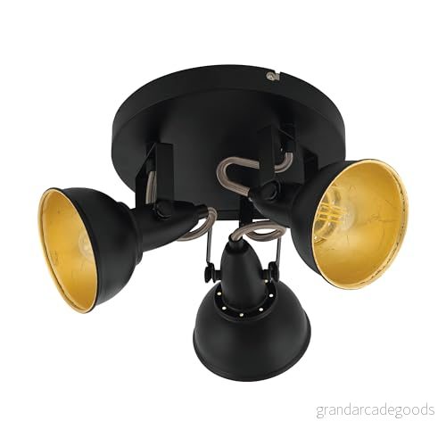 EGLO Deckenstrahler Thornton, Deckenlampe mit 3 Spots, Vintage Deckenleuchte Wohnzimmer, Retro Lampe Decke, Wohnzimmerlampe aus Metall in Schwarz Gold, E14 Fassung, Ø 21 cm 9002759755140