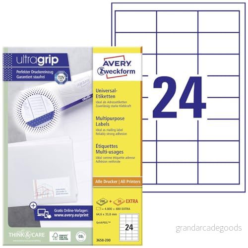 AVERY Zweckform 3658200 adressklistermärken (4 800 plus 480 självhäftande etiketter extra, 64,6 x 33,8 mm på A4, utskrivbara avsändaretiketter, adressetiketter med ultragrepp) 220 ark, 4004182249499 AVERY Zweckform 3658200 adressklistermärken (4 800 plus 480 självhäftande etiketter extra, 64,6 x 33,8 mm på A4, utskrivbara avsändaretiketter, adressetiketter med ultragrepp) 220 ark, 4004182249499