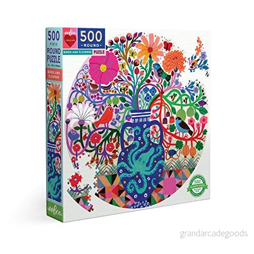 eeBoo: Piece and Love Birds Flowers 500 bitar runt vuxenpussel, pussel för vuxna och familjer, glansiga, robusta minimalt pusseldamm 689196511233