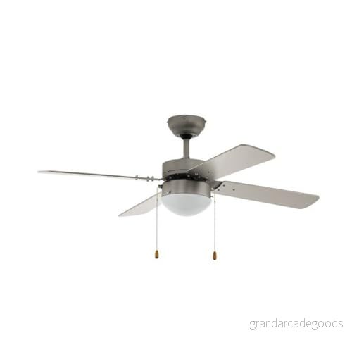 EGLO takfläkt Gelsina, 4 vingfläkt med dragkedja, belysning och sommarvinterdrift, vingmaterial MDF i silver, växelströmsmotor, dia. 106.6cm 9002759350413