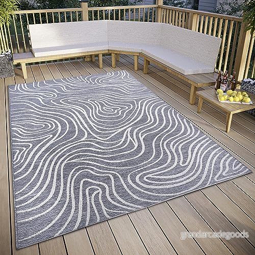 ELLE Decoration Calé in och utomhatta design platt tyg modernt mönster, väderbeständig för vardagsrum, hall, balkong, terrass, trädgård grå kräm, 77 x 150 cm 4262377779668