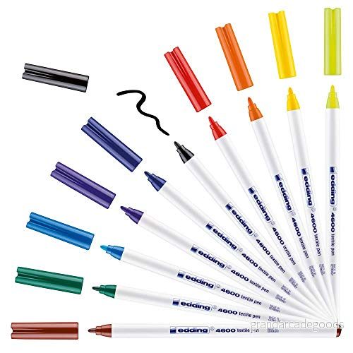 edding 4600 textilmarker - set med 10 färger (standard) rund spets 1 mm permanenta tygmarkers för att rita på textilier, tål maskintvätt i upp till 60 C märkpennor text tyg 4004764787227