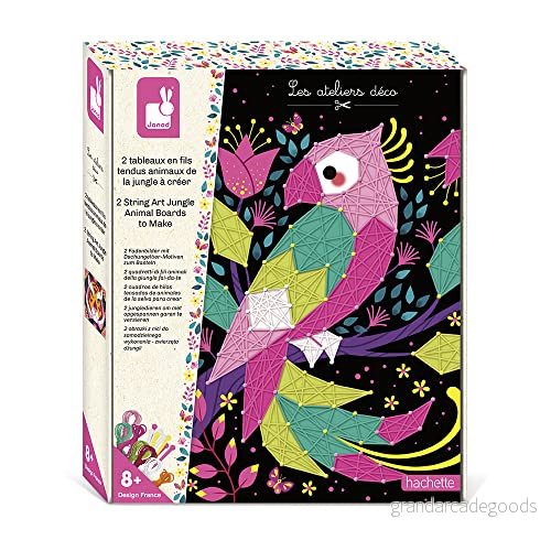 Janod Spända trådar set djungeldjur deco workshops kreativt fritidssats för barn 2 målningar att göra fin motorik och koncentration Från 8 år, J07970 3700217379704