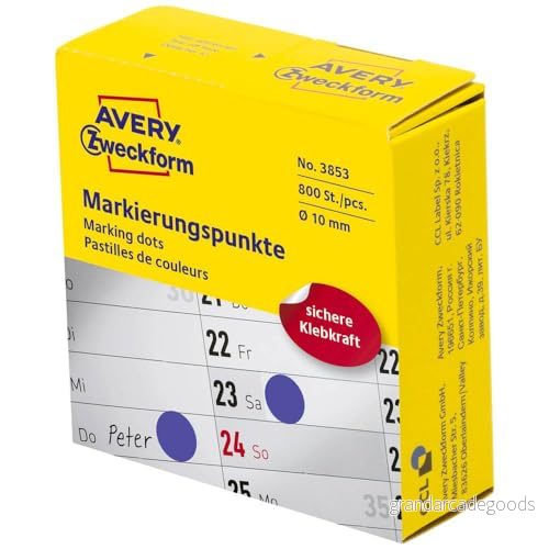 AVERY Zweckform 3853 självhäftande markeringspunkter (ø 10 mm, 800 prickar på rulle i dispenser, runda klistermärken för kalender, planerare och pyssel) blå, 3 stycken 4004182038536 AVERY Zweckform 3853 självhäftande markeringspunkter (ø 10 mm, 800 prickar på rulle i dispenser, runda klistermärken för kalender, planerare och pyssel) blå, 3 stycken 4004182038536