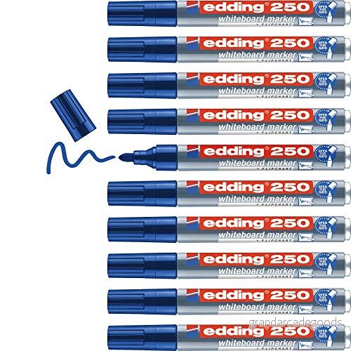 edding 250 whiteboardmarkeringspennor blå 10 pennor rund spets 1,53 mm raderbar tuschpenna för whiteboardtavlor, magnetiska, memo och konferensstaffli, skisser, påfyllningsbar 4004764431632