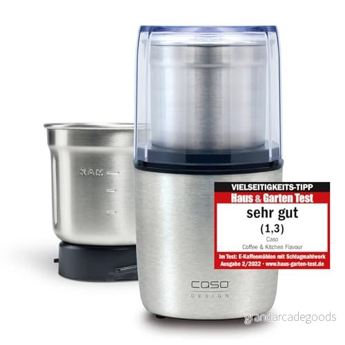 CASO Coffee & Kitchen Smak, elektrisk kaffekvarn i rostfritt stål, strimlare med extra behållare stål för pesto, nötter, kryddor, örter och mycket mer, 200 watt, silver 4038437018318