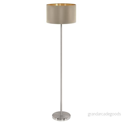 EGLO golvlampa Maserlo, 1 lampig textilgolvlampa, av stål och tyg, färg: matt nickel, taupe, guld, sockel: E27, inkl. fotbrytare 9002759951719