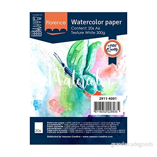Vaessen Creative Florence Akvarellpapper A6, Vit, 300 gsm, Kvalitet På KonStnärskvalitet, Texturerad Yta, 20 Ark för Målning, Hantering, KonStprojekt Med Mera 8716052228935