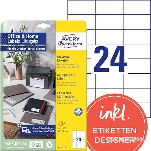 AVERY Zweckform 3474 10 adressklistermärken (240 självhäftande etiketter, 70 x 37 mm till A4, utskrivbara avsändaretiketter, adressetiketter med ultragrip, perfekt för HomeOffice) 4004182617571 AVERY Zweckform 3474 10 adressklistermärken (240 självhäftande etiketter, 70 x 37 mm till A4, utskrivbara avsändaretiketter, adressetiketter med ultragrip, perfekt för HomeOffice) 4004182617571