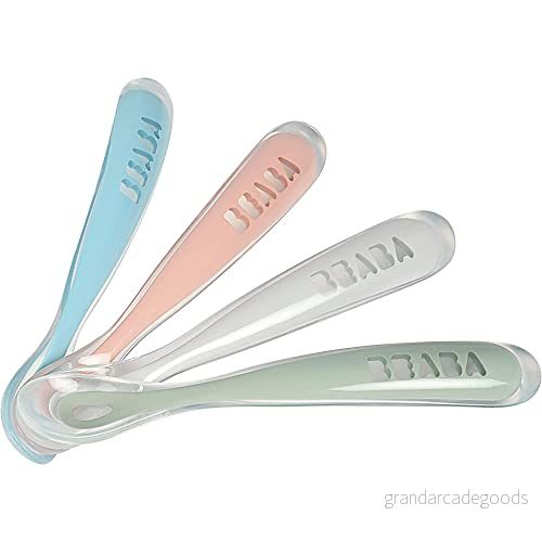 BÉABA, set med 4 silikonskedar för bebisar och barn, 1:a åldern, från månader, mjuk, rundad spets, långt ergonomiskt handtag, enkelt grepp Blå/Rosa/Grå/Eukalyptus 3384349134655