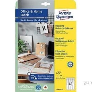 AVERY Zweckform LR3657 10 återvinningsetiketter (400 självhäftande etiketter, 48,5 x 25,4 mm på A4, 100% återvunnet avfall papper, individuellt tryckbara, klistermärken) ark, 4004182636572 AVERY Zweckform LR3657 10 återvinningsetiketter (400 självhäftande etiketter, 48,5 x 25,4 mm på A4, 100% återvunnet avfall papper, individuellt tryckbara, klistermärken) ark, 4004182636572
