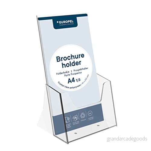 EUROPEL Broschyr och litteraturhållare, 1/3 A4 storlek, slagtålig plastkonstruktion, häfte, flygblad menydisplay dispenser för kontor, restauranger reception, porträtt, klar 8713931500700