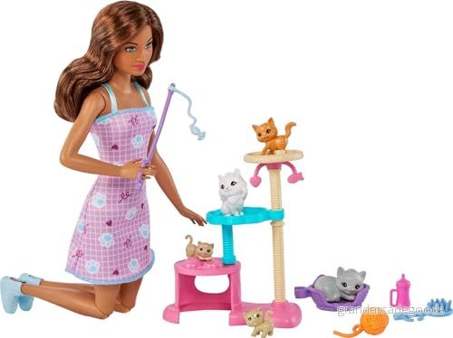 Barbie Kitty Condo dock och husdjurslekset med docka (brunett), 1 katt, 4 kattungar, katträd tillbehör, leksak för barn från 3 år HHB70, flerfärgad 194735062881