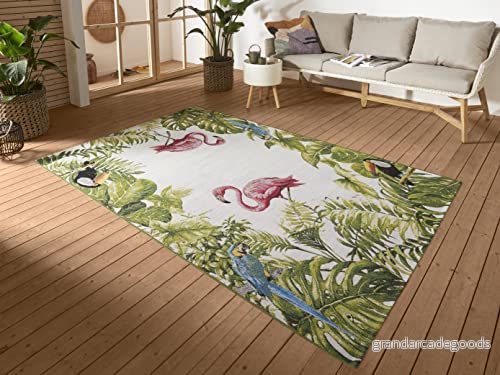 Hanse Home Tropical Birds inomhus och utomhatta, platt tyg rosa flamingodesign, väderbeständig UV beständig för balkong, terrass, trädgård, vardagsrum, färgglad, 120 x 180 cm 4262377774366