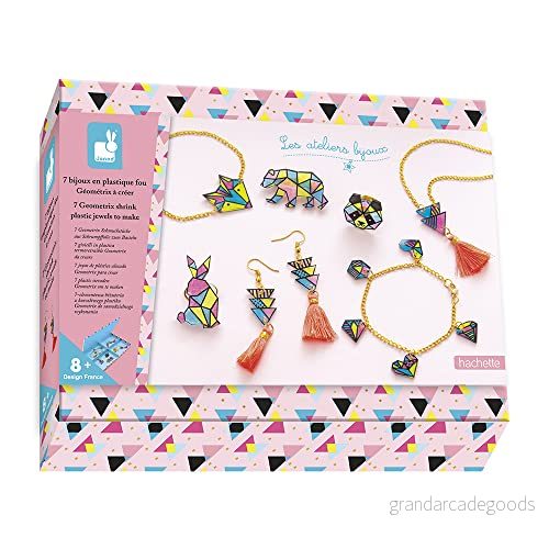 Janod Set med 7 galna geometriska plastsmycken att skapa smyckesverkstäderna kreativt fritidskit för barn fitness och koncentration från 8 år, J07996, flerfärgad, en storlek 3700217379964