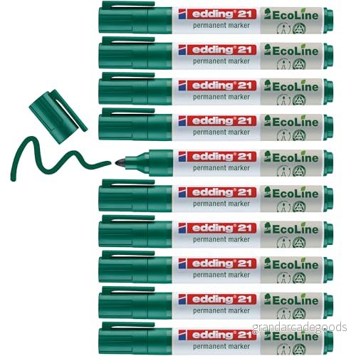 edding 21 Ecoline permanent marker grön låda med 10 rund spets 1,53 mm vattenfast, snabbtorkande, fläckfria pennor för kartong, plast, glas, trä, metall och tyg går att fylla på 4004764917884