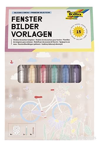 folia 39239 Premium fönsterbilder, mallar "Bloom & Grow" med 8 förtryckta mönster temat blommor, påsk och vår, inkl. 7 kritpennor 4001868127720