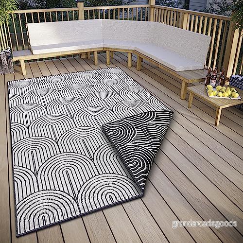 HANSE Home Pangli utomhatta väderbeständig vändmatta skandinavisk bohostil vattentät enfärgad geometrisk 3D-effekt för trädgård, balkong, terrass, vardagsrum svart, 80 x 150 cm 4262377779934