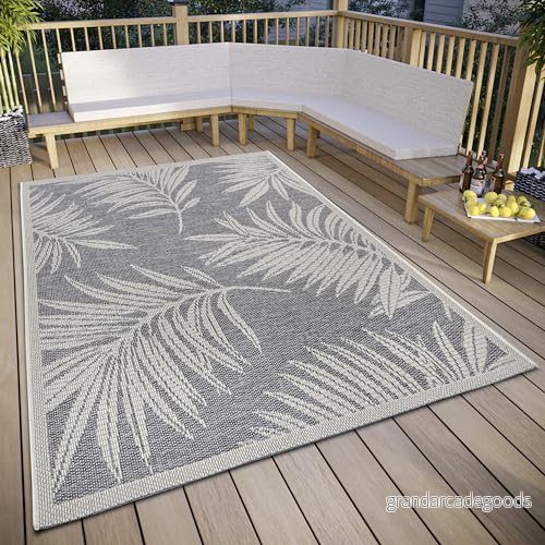 HANSE Home Paru utomhatta väderbeständig modernt palmmönster blommig design, vattentät robust yttermatta platt väv för trädgård, balkong, terrass, vardagsrum grå kräm, 155 x 235 cm 4068226001825