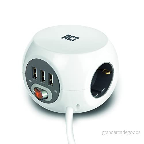 ACT uttagskub med USB, 3 vägs grenuttag USB A port, strömbrytare, flera uttag kub kabellängd m AC2410 8716065489958