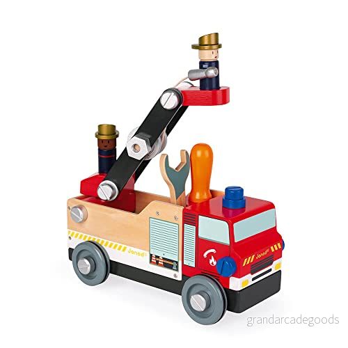 Janod Brico'Kids Wooden Fire Truck, Fsc Certified Construction Set with 2 Firemen 45 Pieces, Easy to Build Toy for Children from 3 Years Old, J06469 3700217364694