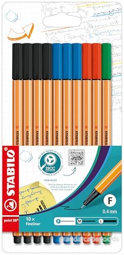 Fineliner STABILO point 88 Förpackning med 10 Kontorsfärger Svart/Blå/Röd/Grön 4006381186384