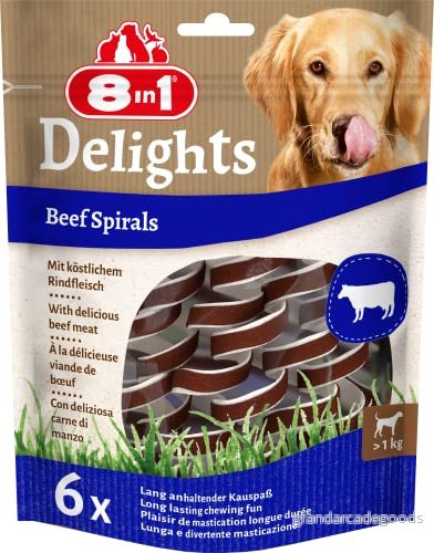 8 i 1 Delights Biff tuggspiraler hälsosamt tuggsnack för känsliga hundar, högkvalitativt nötkött insvept hud, 6 stycken 4048422154792