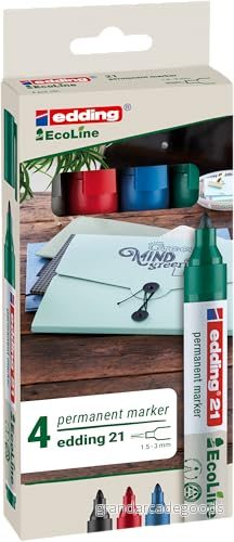 edding 21 Ecoline permanent marker set svart, röd, blå, grön 4 pennor rund spets 1,53 mm vattenfasta, fläcksäkra och snabbtorkande för kartong, plast, glas, trä, metall tyg 4004764917907