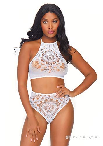 Leg Avenue Crochet Spitze Neckholder Crop Top & passenden hohen Taille String, Größe M/L (Weiß), 0.07 kg 714718542195