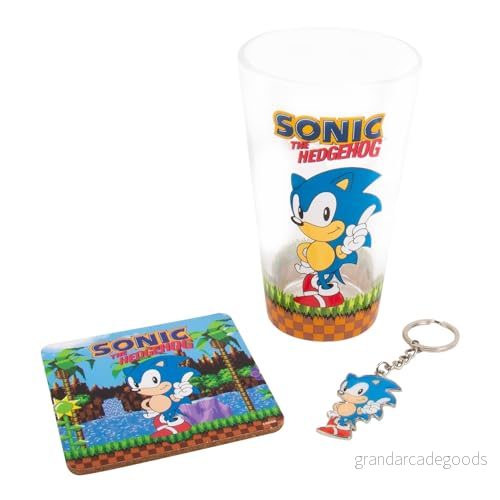 Fizz Creations SonicThe Hedgehog nyckelring, glas och underlägg presentset. 3 i 1 480 ml dricksglas med kapacitet. Officiellt licensierade Sonic The varor 5060897228388