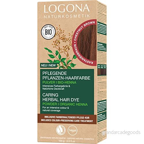 LOGONA Naturkosmetik närande vegetabilisk hårfärg, veganskt hårfärgspulver med ekologisk henna för intensiv färg och glans, växthårfärg i kastanjebrun (brun), 1 x 100 g 4055297148931