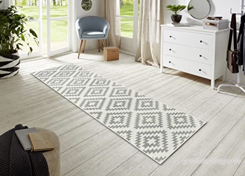 HANSE Home Matta, löpare Nordic 80 x 400 cm gångmatta, mjuk matta med kort lugg, modern rombdesign, för hall, sovrum, barnrum, badrum, vardagsrum, kök, dekorativ gräddvit 4260770247043