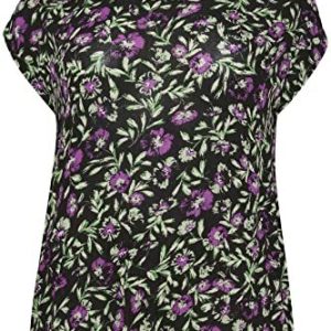 Kaffe Curve Plus size blus kortärmad rund hals lös passform, Svart/grön/lila blomma 5715296350351