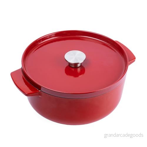 KitchenAid Cast Iron 26 cm/5,2 l gryta med lock, hög kvalitet, robust och hållbar, stekning, rostning, PFAS-fri emaljinsida, induktion, ergonomiskt handtag, ugnssäker upp till 260 C, Empireröd 4894871009332